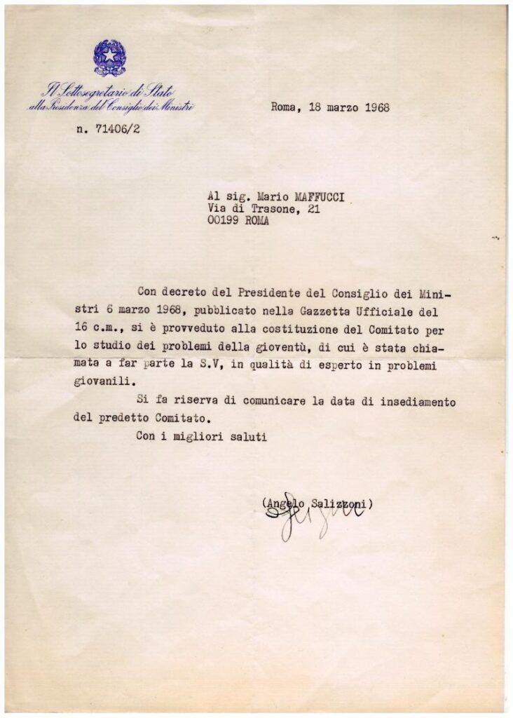 La lettera del 18 marzo 1968 con cui Mario Maffucci è invitato dalla Presidenza del Consiglio a far parte del Comitato per lo studio dei problemi della gioventù.
